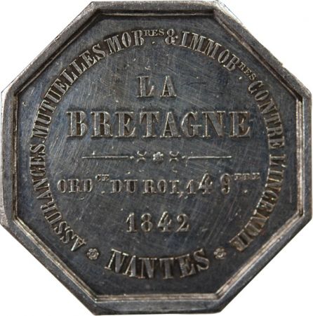 France ASSURANCES MUTUELLES CONTRE L\'INCENDIE, LA BRETAGNE - JETON ARGENT 1842 - NANTES POINCON MAIN (1845-1860)