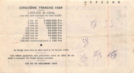 France Billet de Loterie Nationale  100 FRANCS - 1934