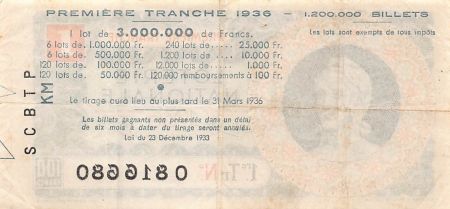 France Billet de Loterie Nationale  100 FRANCS - 1936