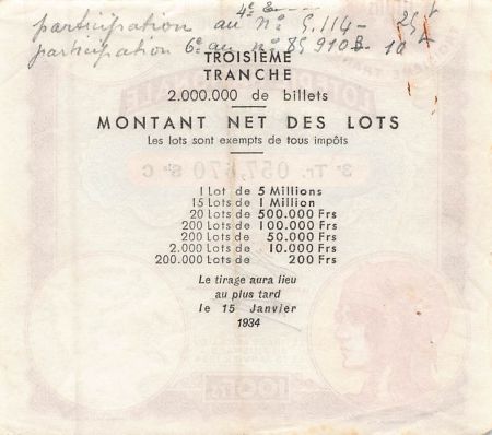 France Billet de Loterie Nationale  100 FRANCS 15 JANVIER 1934