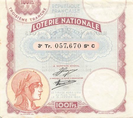 France Billet de Loterie Nationale  100 FRANCS 15 JANVIER 1934
