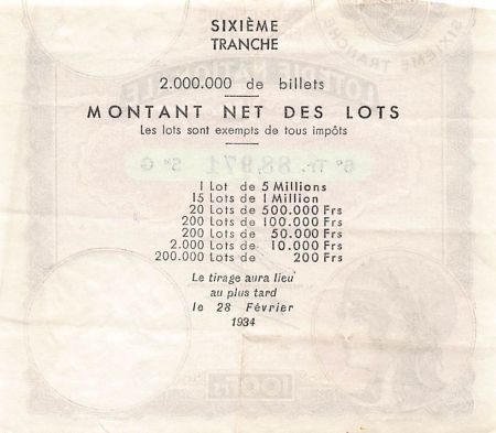 France Billet de Loterie Nationale  100 FRANCS 26 Février 1934