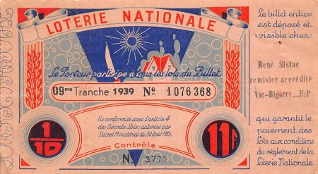 France Billet de Loterie Nationale  11 Francs - 1939