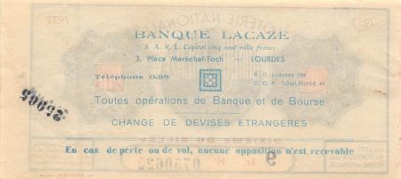 France Billet de Loterie Nationale  Banque Lacaze à Lourdes - 1937