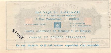 France Billet de Loterie Nationale  Banque Lacaze à Lourdes - 1938