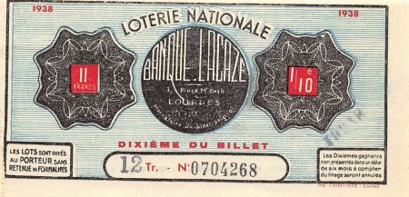 France Billet de Loterie Nationale  Banque Lacaze à Lourdes - 1938