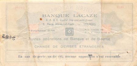 France Billet de Loterie Nationale  Banque Lacaze à Lourdes - 1939