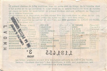 France Billet de Loterie Nationale  Crédit du Nord - 1938