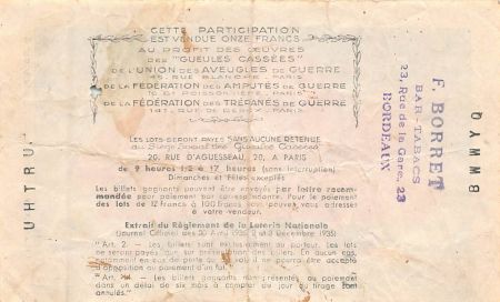 France Billet de Loterie Nationale  Les Gueules Cassées - 1937