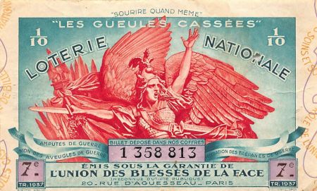 France Billet de Loterie Nationale  Les Gueules Cassées - 1937