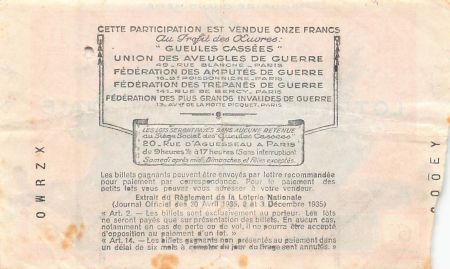 France Billet de Loterie Nationale  Les Gueules Cassées - 1938