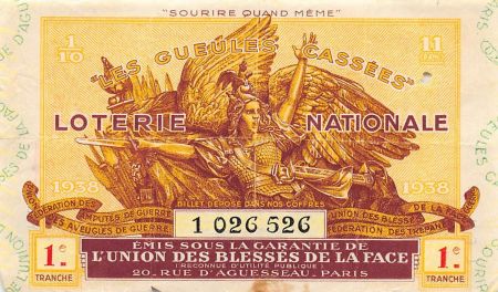 France Billet de Loterie Nationale  Les Gueules Cassées - 1938