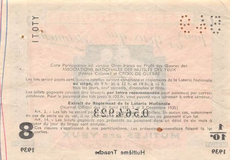 France Billet de Loterie Nationale  Mutilés des Yeux - 1939