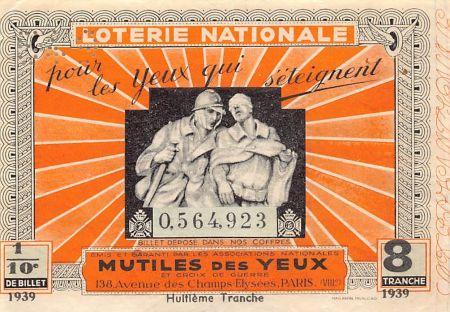 France Billet de Loterie Nationale  Mutilés des Yeux - 1939