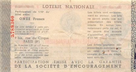 France Billet de Loterie Nationale  Société d\'Encouragement - 1938
