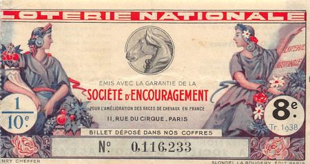 France Billet de Loterie Nationale  Société d\'Encouragement - 1938