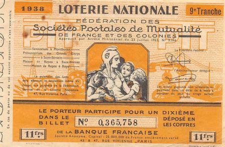 France Billet de Loterie Nationale  Sociétés Postales de Mutualité - 1938
