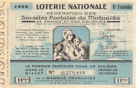 France Billet de Loterie Nationale  Sociétés Postales de Mutualité - 1938
