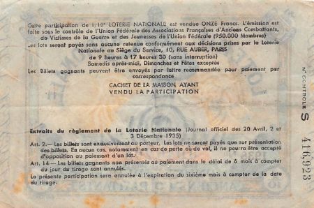 France Billet de Loterie Nationale  Union Fédérale Anciens Combattants - 1938