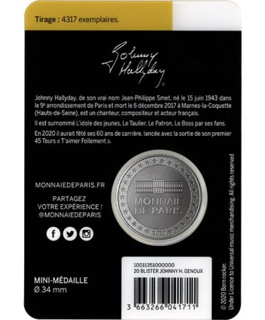 France Blister Johnny Hallyday (Genoux) - Médaille 2020 par la Monnaie de Paris