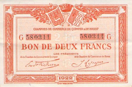 France CHAMBRE DE COMMERCE, QUIMPER ET BREST - 2 FRANCS 1922