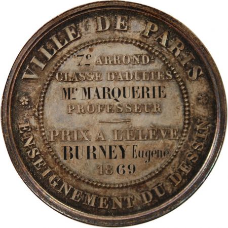 France ENSEIGNEMENT DU DESSIN  NAPOLEON III - MEDAILLE ARGENT 1869