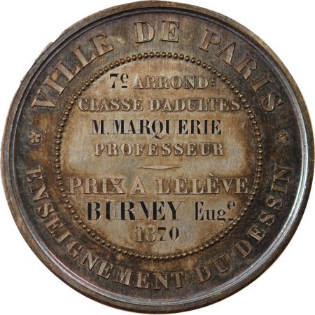 France ENSEIGNEMENT DU DESSIN  NAPOLEON III - MEDAILLE ARGENT 1870