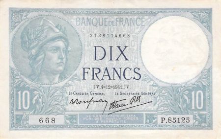 France FRANCE - 10 FRANCS MINERVE 04/12/1941 - TTB+