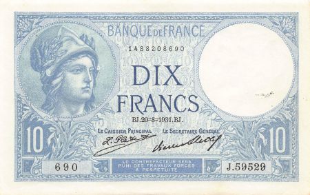 France FRANCE - 10 FRANCS MINERVE 20/08/1931 - SUP