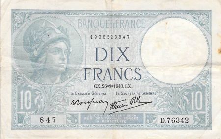 France FRANCE - 10 FRANCS MINERVE 26/09/1940 - TB+