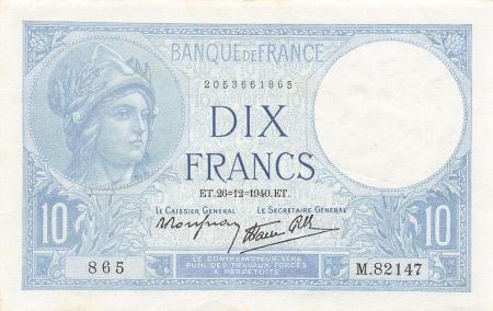 France FRANCE - 10 FRANCS MINERVE 26/12/1940 - TTB+