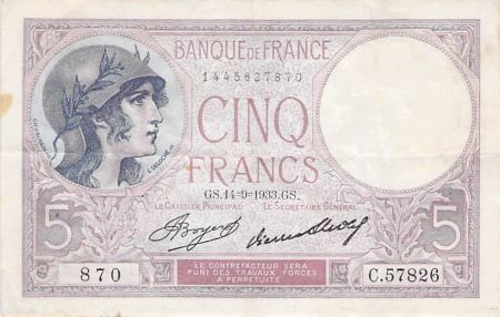 France FRANCE - 5 FRANCS VIOLET 14/09/1933 - TTB