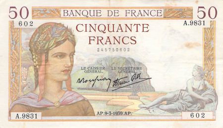 France FRANCE - 50 FRANCS CERES 09/03/1939 - TTB