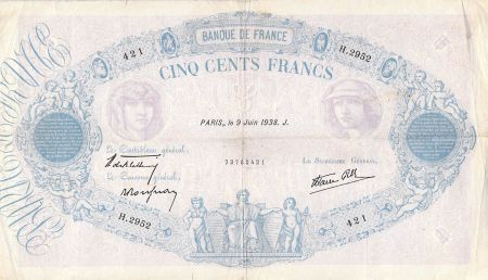 France FRANCE - 500 FRANCS BLEU ET ROSE 09/06/1938 - SÉRIE H.2952