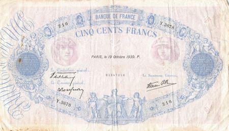 France FRANCE - 500 FRANCS BLEU ET ROSE 19/10/1939 - SÉRIE Y.3678