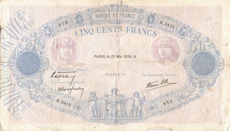France FRANCE - 500 FRANCS BLEU ET ROSE 25/05/1939 - SÉRIE R.3412