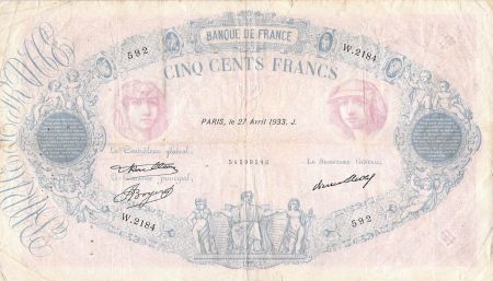 France FRANCE - 500 FRANCS BLEU ET ROSE 27/04/1933 - SÉRIE W.2184 - TB