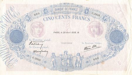 France FRANCE - 500 FRANCS BLEU ET ROSE 28/04/1938 - SÉRIE C.2835