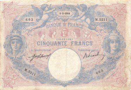 France FRANCE  BLEU ET ROSE - 50 FRANCS 01/05/1914 - SÉRIE M.2511 - TB+