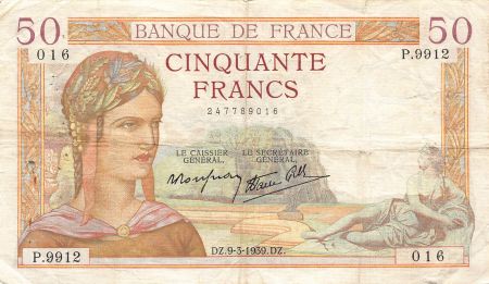 France FRANCE  CÉRÈS - 50 FRANCS 09/03/1939 - TB