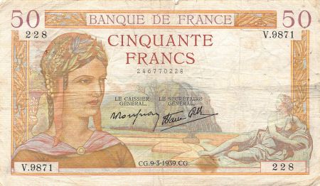 France FRANCE  CÉRÈS - 50 FRANCS 09/03/1939