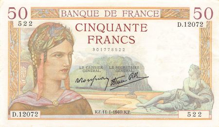 France FRANCE  CÉRÈS - 50 FRANCS 11/01/1940 - PSUP
