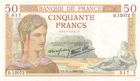 France FRANCE  CÉRÈS - 50 FRANCS 11/01/1940 - TTB+