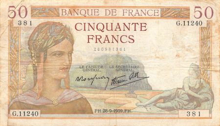 France FRANCE  CÉRÈS - 50 FRANCS 28/09/1939 - TB+