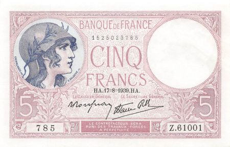 France FRANCE, FEMME CASQUEE MODIFIEE - 5 FRANCS 17/08/1939