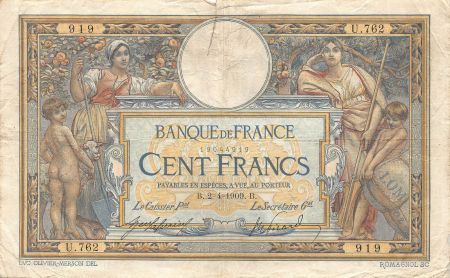 France FRANCE  LUC-OLIVIER MERSON - 100 FRANCS 02/04/1909 - TB