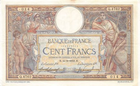 France FRANCE  LUC-OLIVIER MERSON - 100 FRANCS 11/06/1918 - TTB+