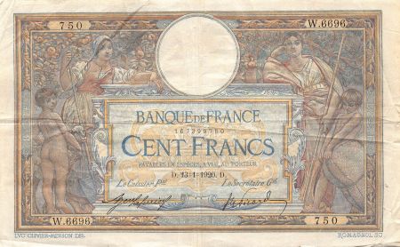 France FRANCE  LUC-OLIVIER MERSON - 100 FRANCS 13/01/1920 - TB+