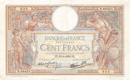 France FRANCE  LUC-OLIVIER MERSON - 100 FRANCS 13/04/1939 - TTB