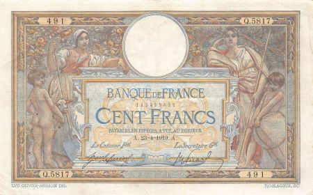 France FRANCE  LUC-OLIVIER MERSON - 100 FRANCS 23/04/1919 - TTB